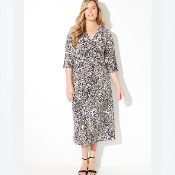Catherine’s mocha ivory faux wrap midi dress size 1X - Picture 1 of 6